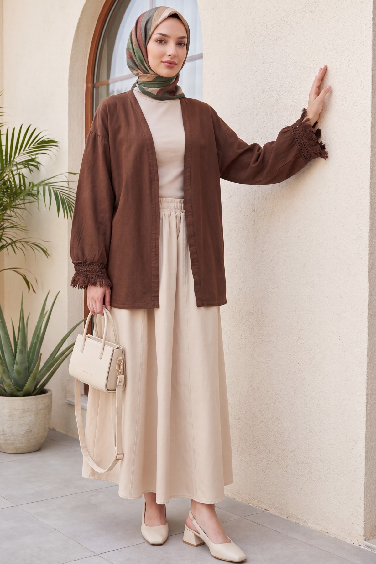 Kolları Püsküllü Beli Kemerli Keten Kimono  -Kahverengi
