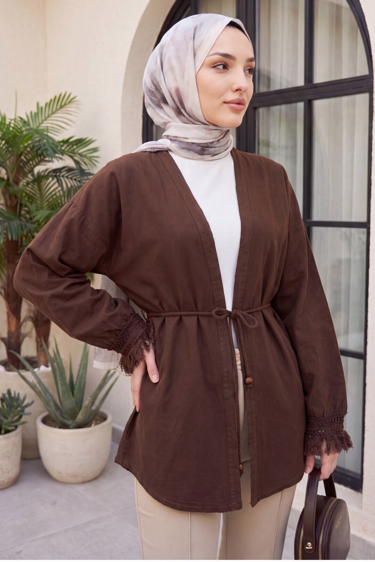 Kolları Püsküllü Beli Kemerli Keten Kimono  -Kahverengi