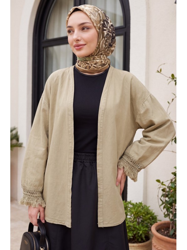 Kolları Püsküllü Beli Kemerli Keten Kimono  -Vizon