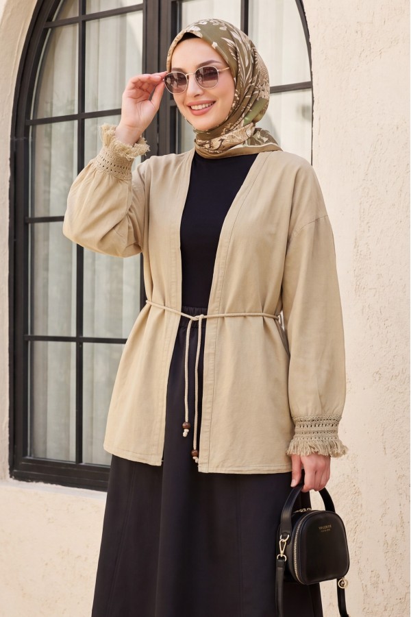 Linen Kimono with Tasseled Sleeves and Belted Waist  -Mink color