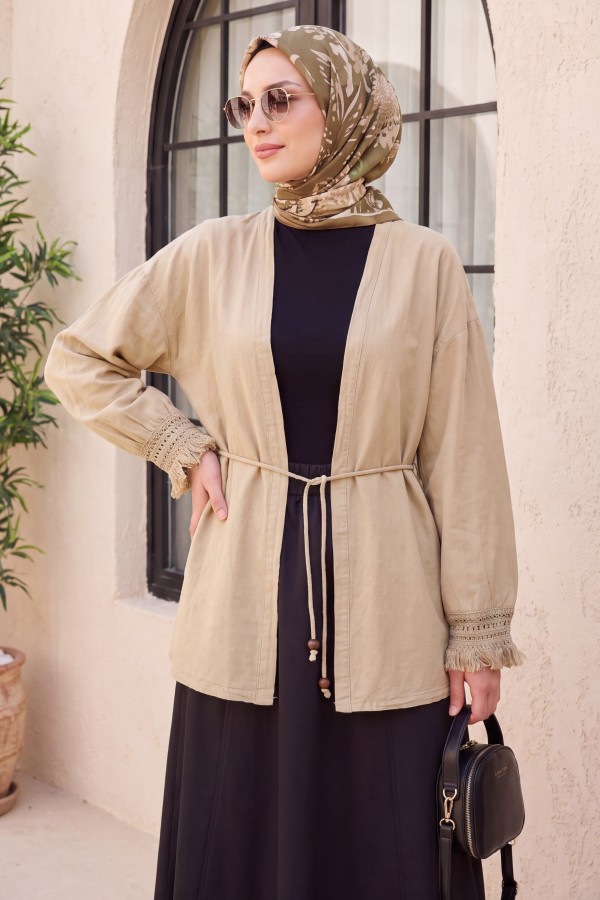 Linen Kimono with Tasseled Sleeves and Belted Waist  -Mink color