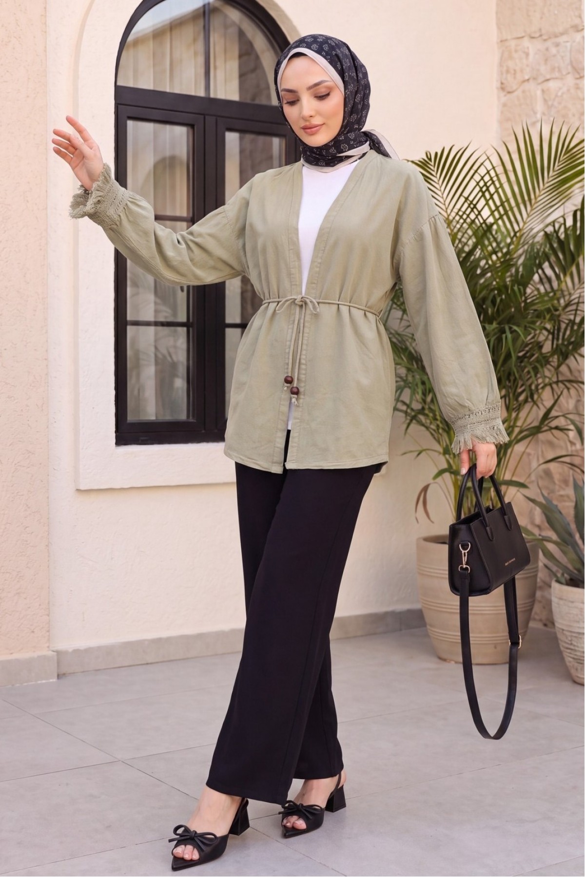 Linen Kimono with Tasseled Sleeves and Belted Waist  -Mink color