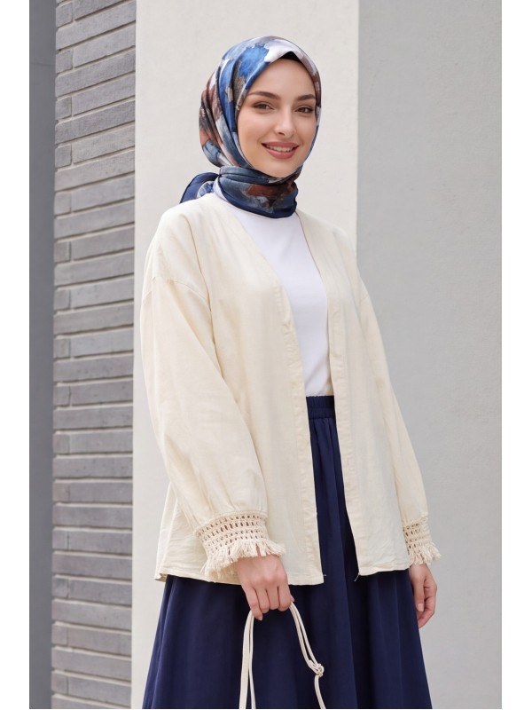 Kolları Püsküllü Beli Kemerli Keten Kimono  -Krem