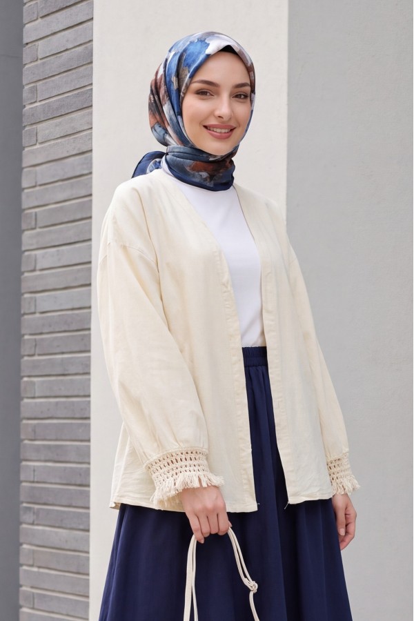 Linen Kimono with Tasseled Sleeves and Belted Waist  -Cream color