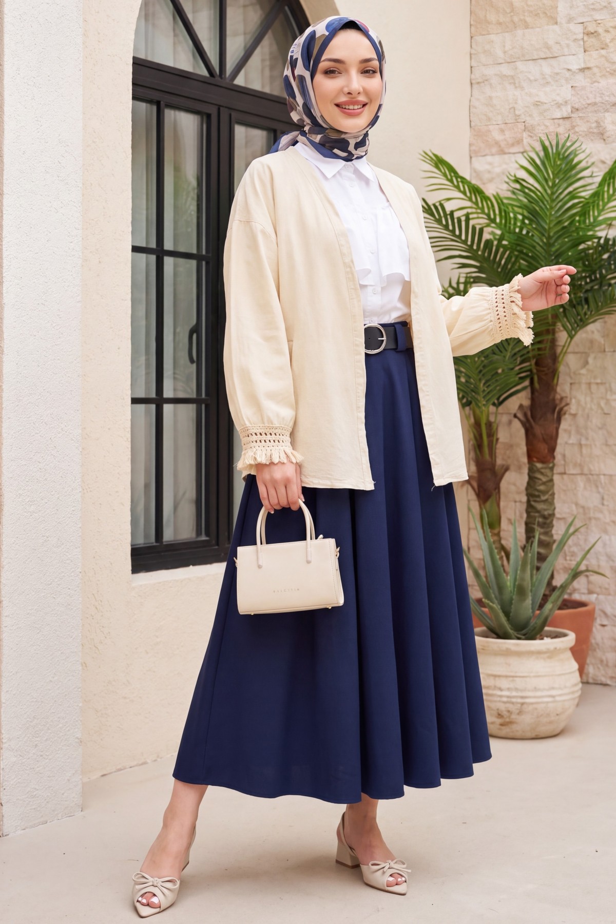 Linen Kimono with Tasseled Sleeves and Belted Waist  -Cream color