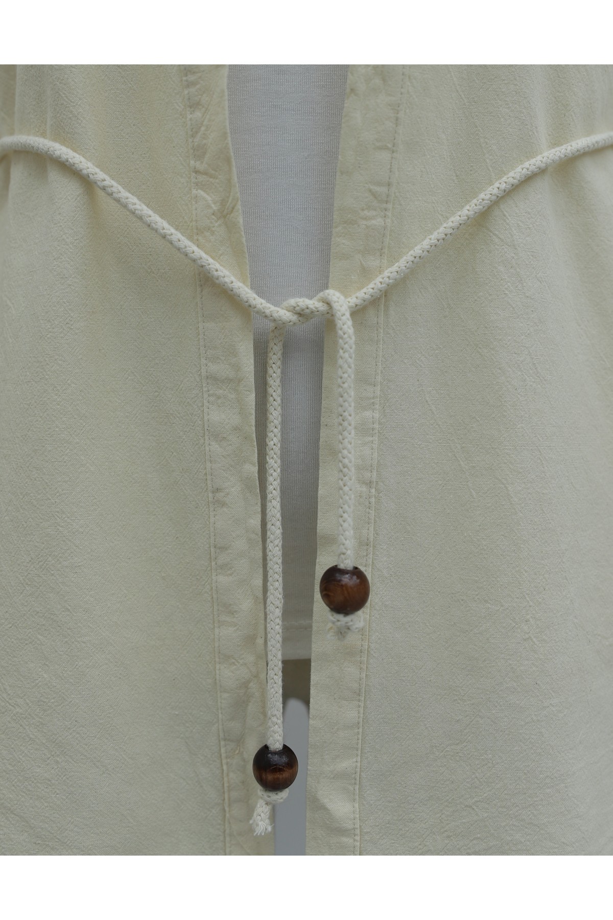 Kolları Püsküllü Beli Kemerli Keten Kimono  -Krem