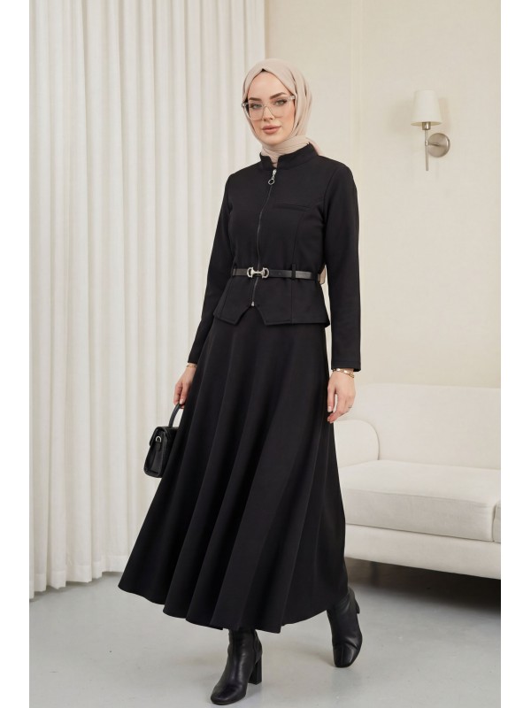 Önü Fermuarlı Cep Detaylı Beli Kemerli Etekli Diagonal Takım -Siyah