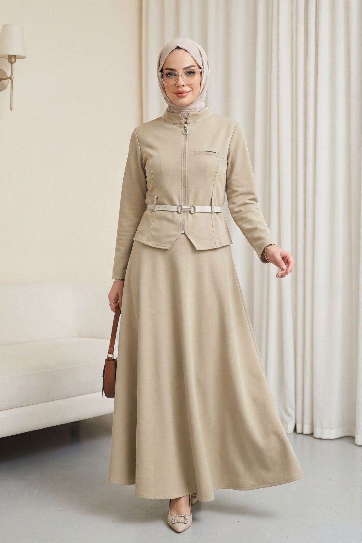 طقم تنورة مائلة بسحاب أمامي، وجيب، وحزام عند الخصر -حجر