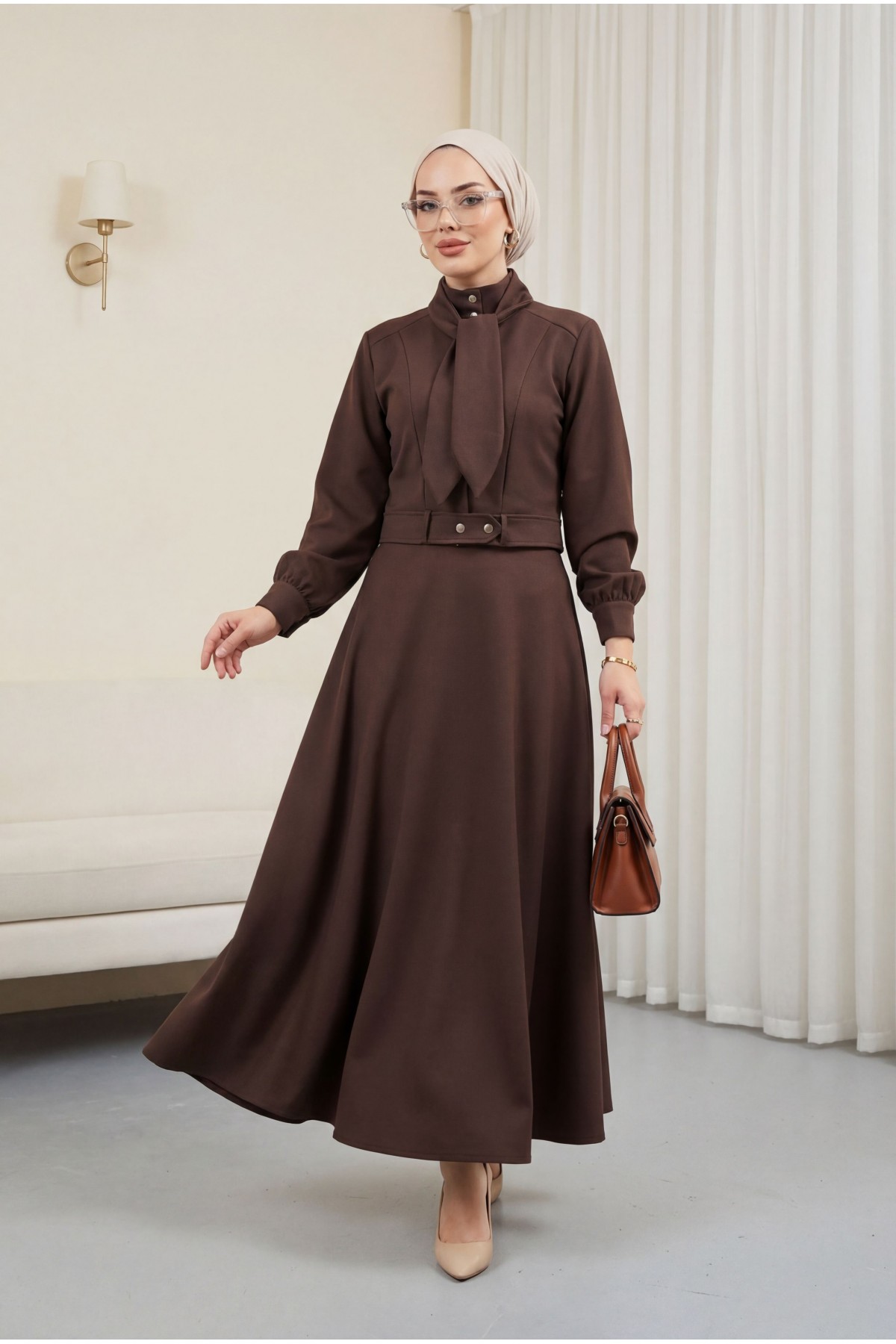 Gizli Düğmeli Fular Detaylı Etekli Diagonal Takım   -Kahve
