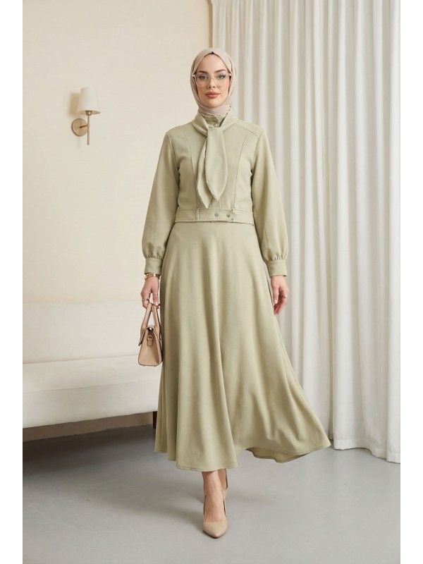 Gizli Düğmeli Fular Detaylı Etekli Diagonal Takım   -Taş