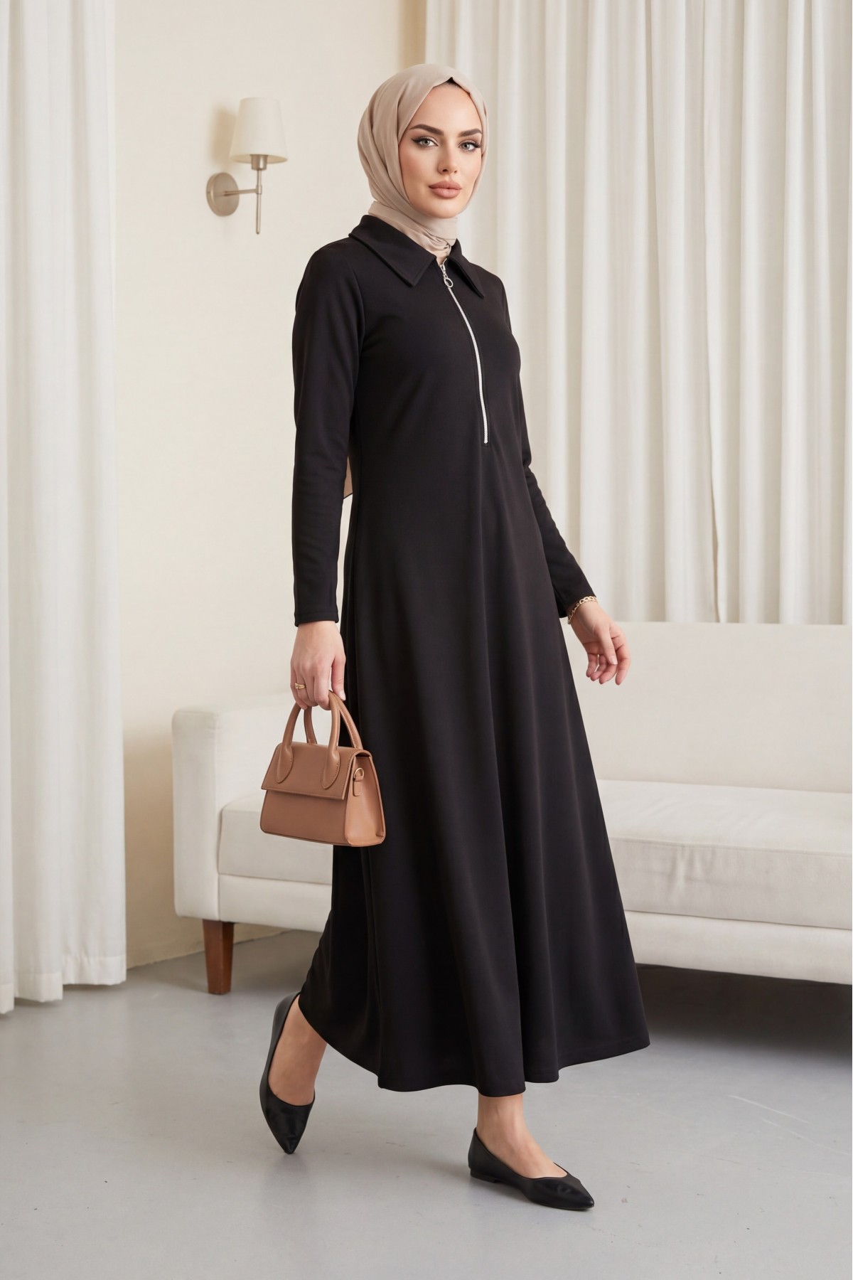Half-Zip Shirt Collar Long Oysho Dress -Black