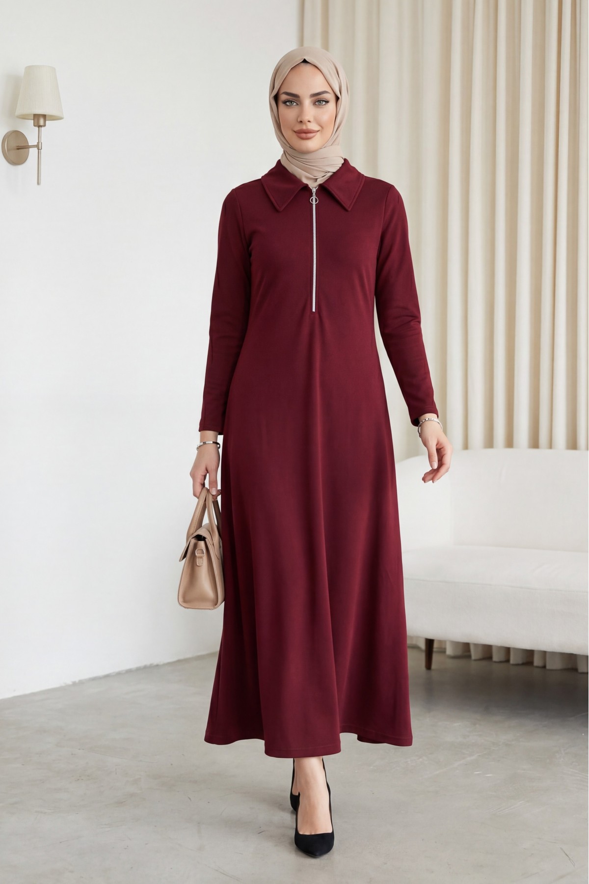Half-Zip Shirt Collar Long Oysho Dress -Maroon