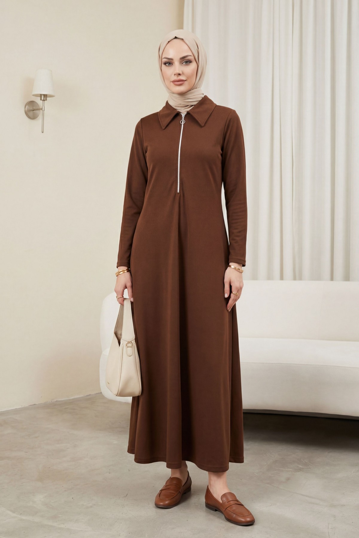 Half-Zip Shirt Collar Long Oysho Dress -Brown