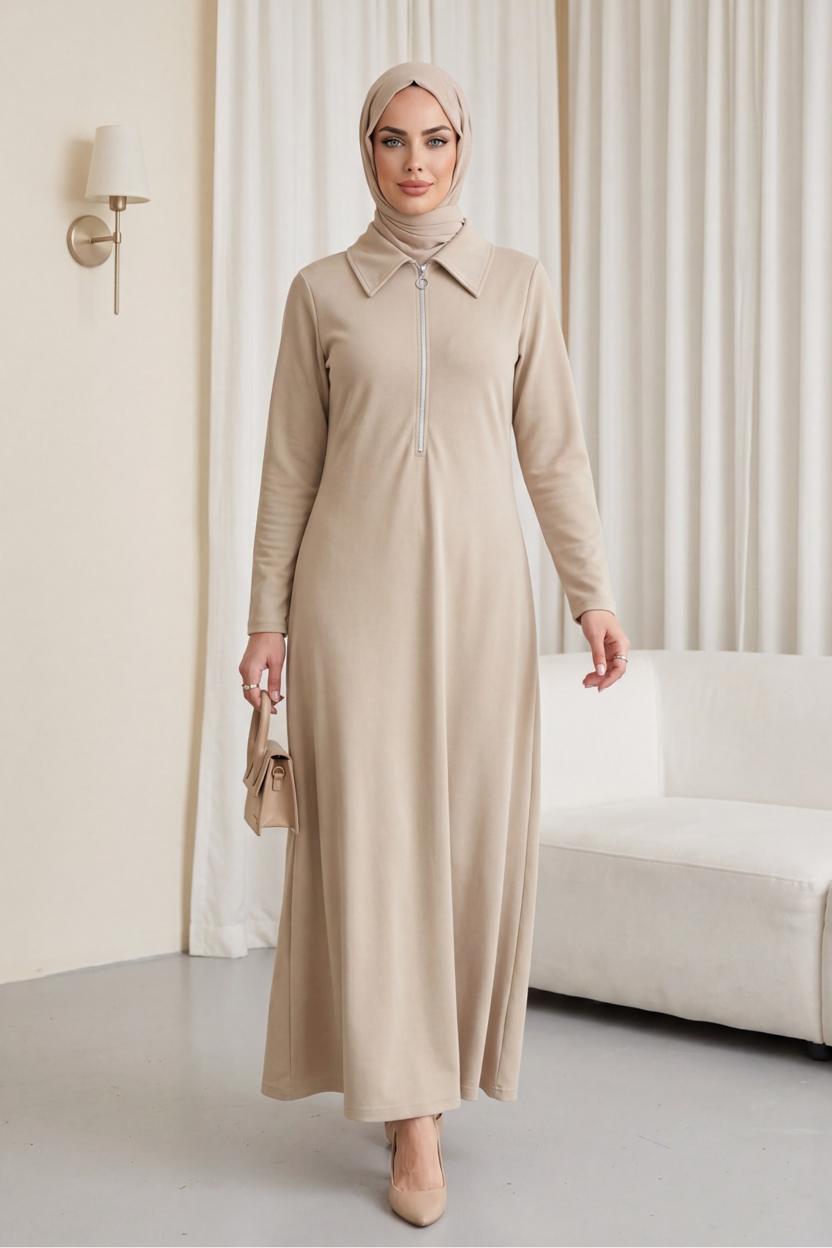 Half-Zip Shirt Collar Long Oysho Dress -Light Mink