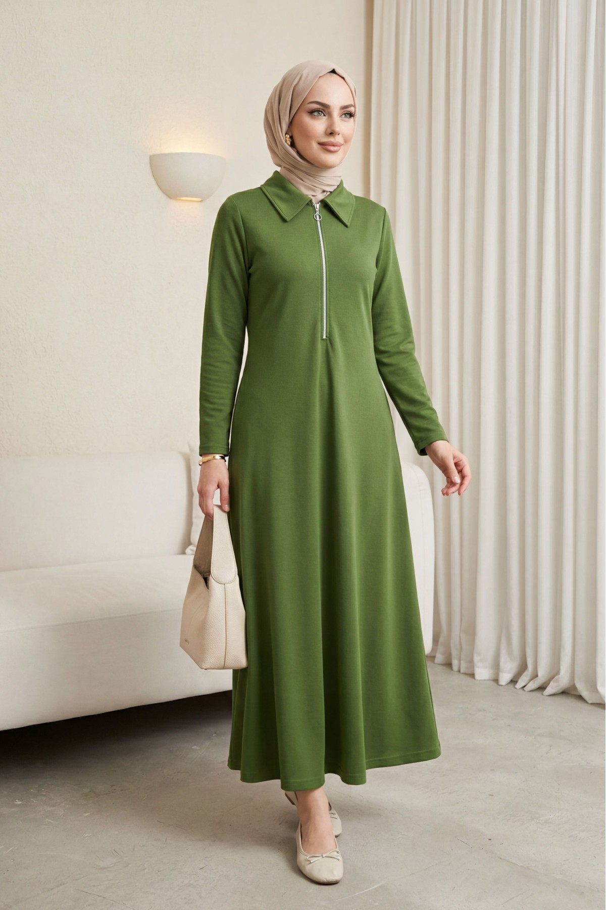 Half-Zip Shirt Collar Long Oysho Dress -Dark green