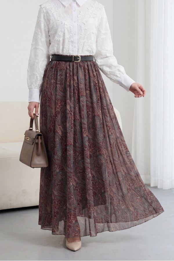 تنورة من التول منقوشة مبطنة بحزام وخصر مطاطي -بوردو