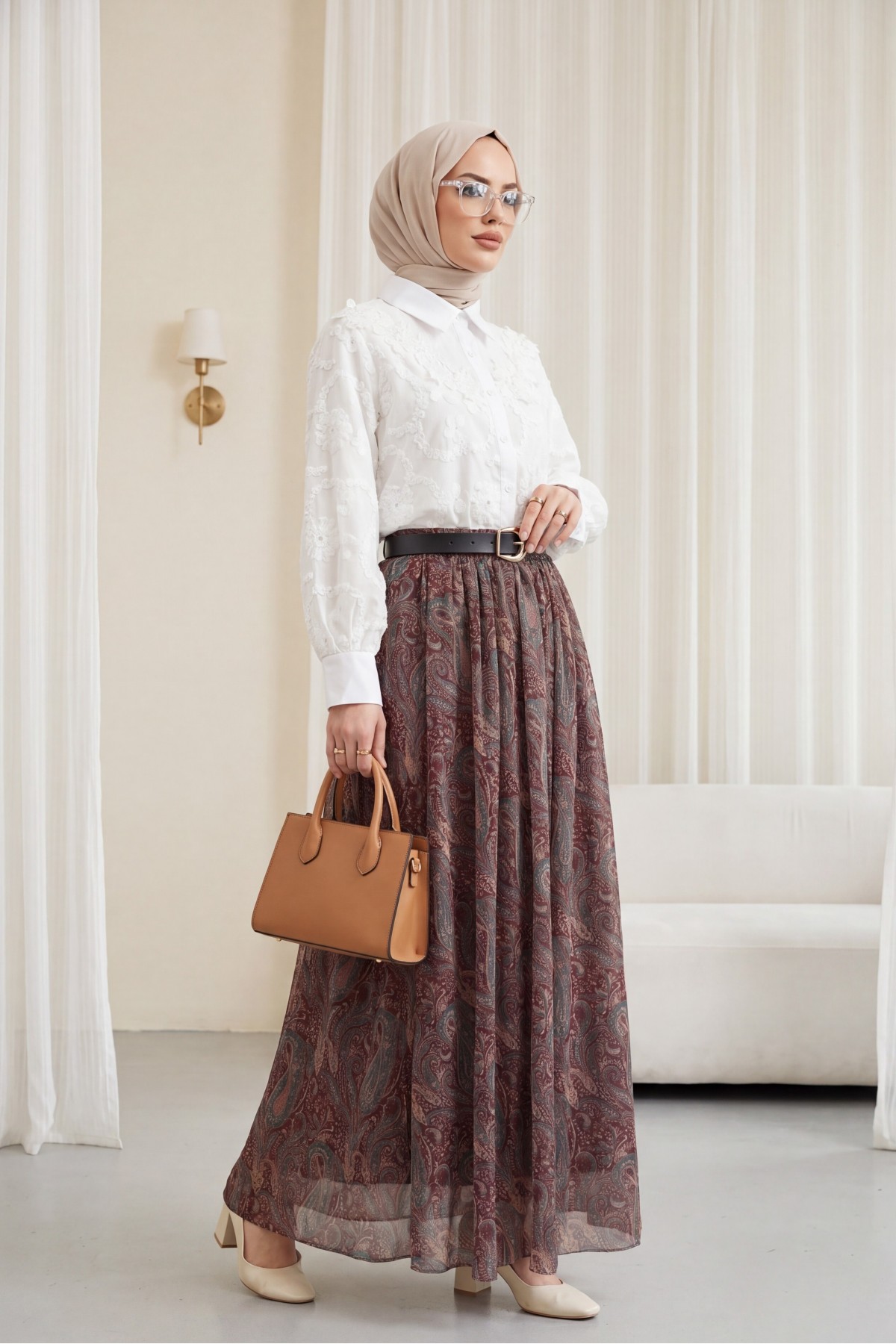 تنورة من التول منقوشة مبطنة بحزام وخصر مطاطي -بوردو