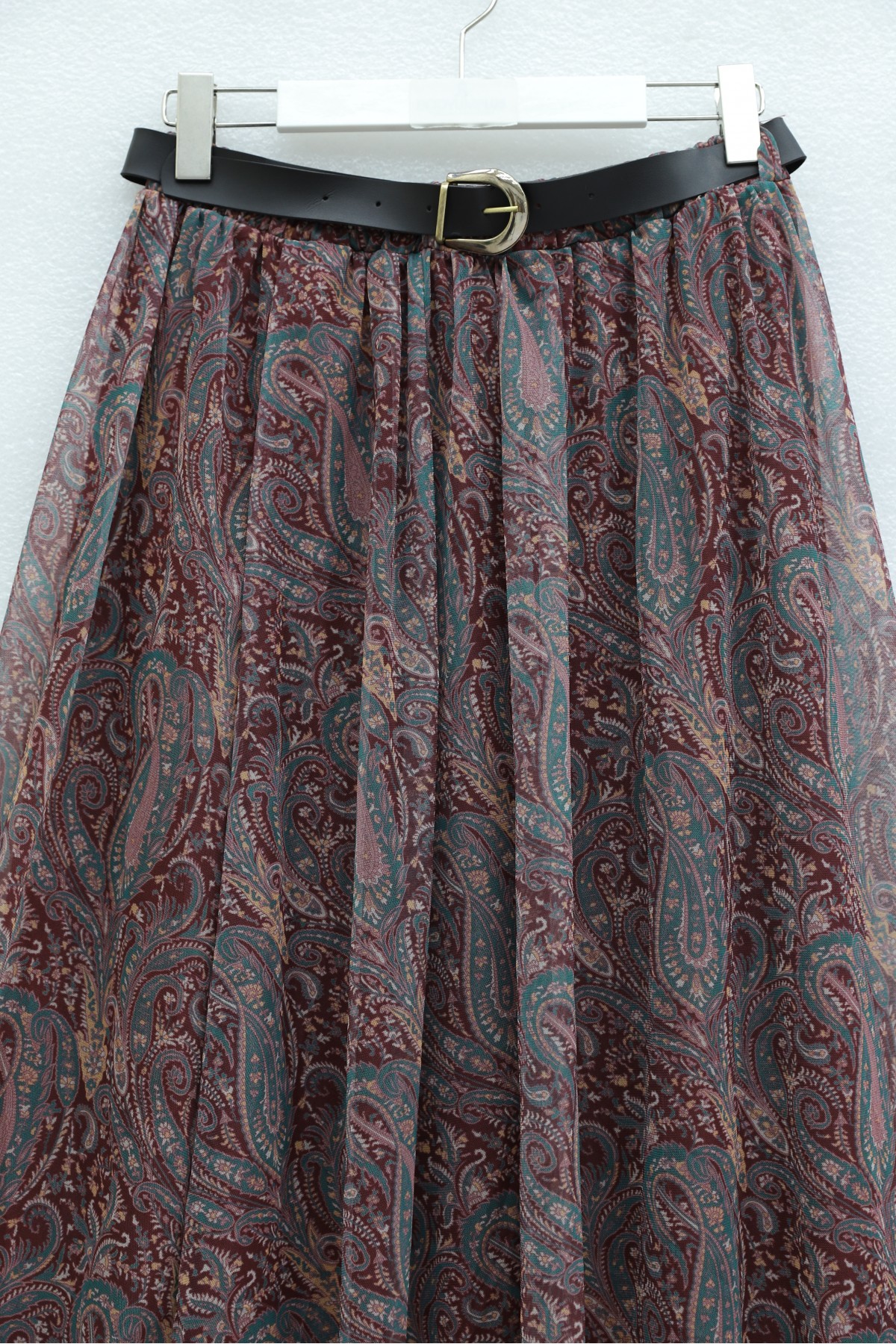 تنورة من التول منقوشة مبطنة بحزام وخصر مطاطي -بوردو