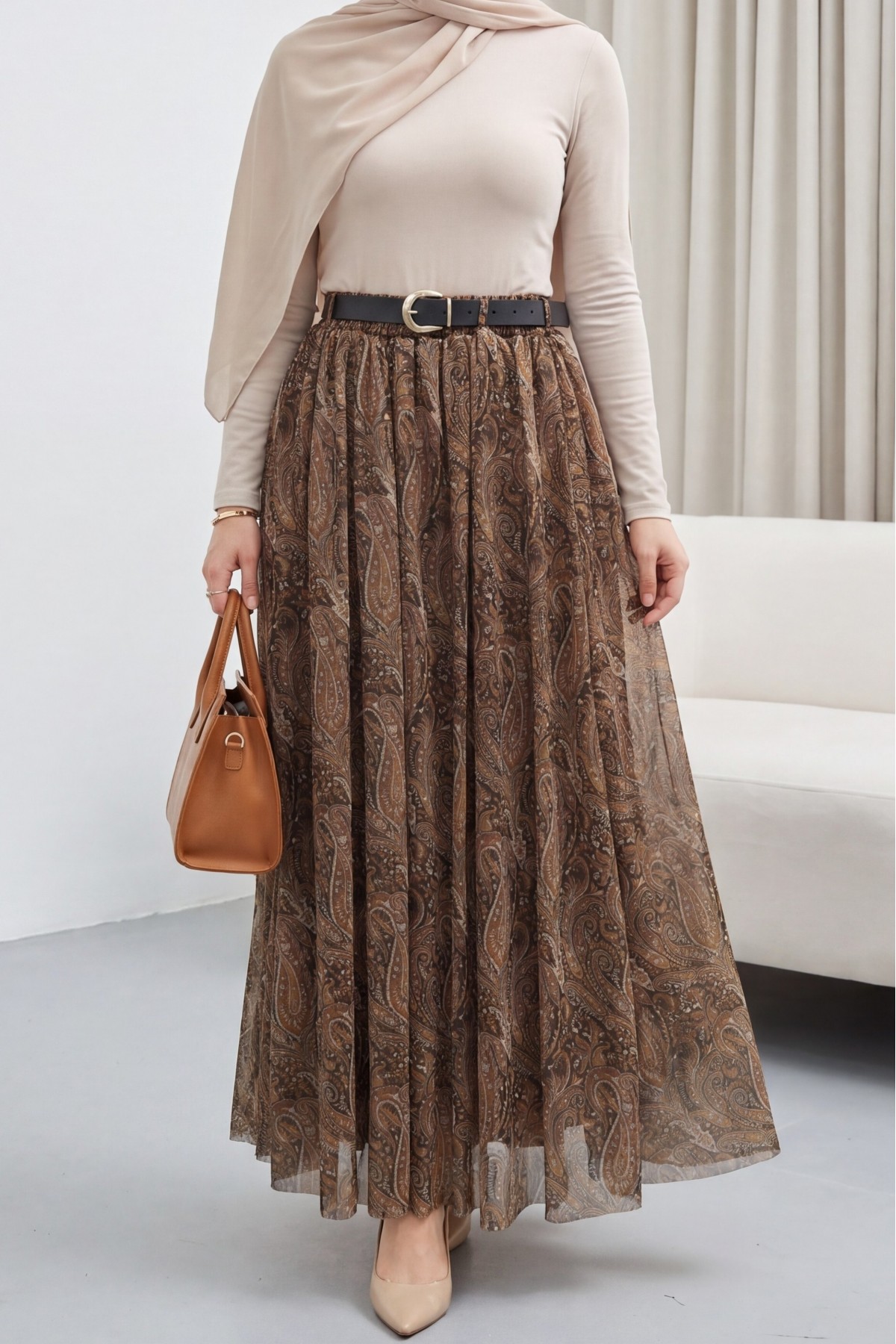 Beli Lastikli Kemerli Astarlı Desenli Tül Etek  -Taba