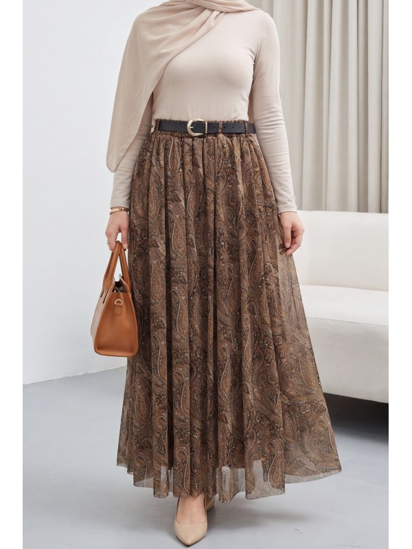 تنورة من التول منقوشة مبطنة بحزام وخصر مطاطي  -بني كاشف