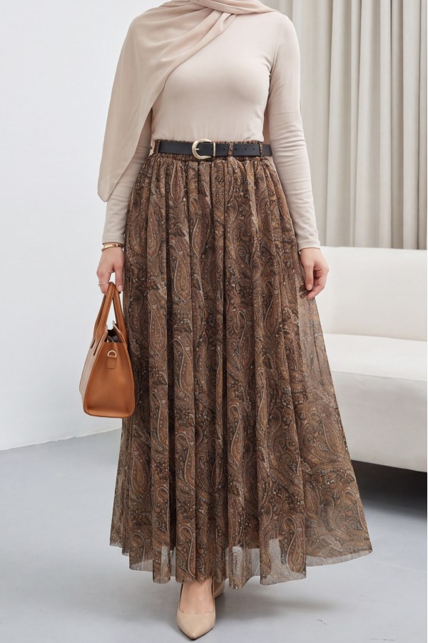 تنورة من التول منقوشة مبطنة بحزام وخصر مطاطي  -بني كاشف