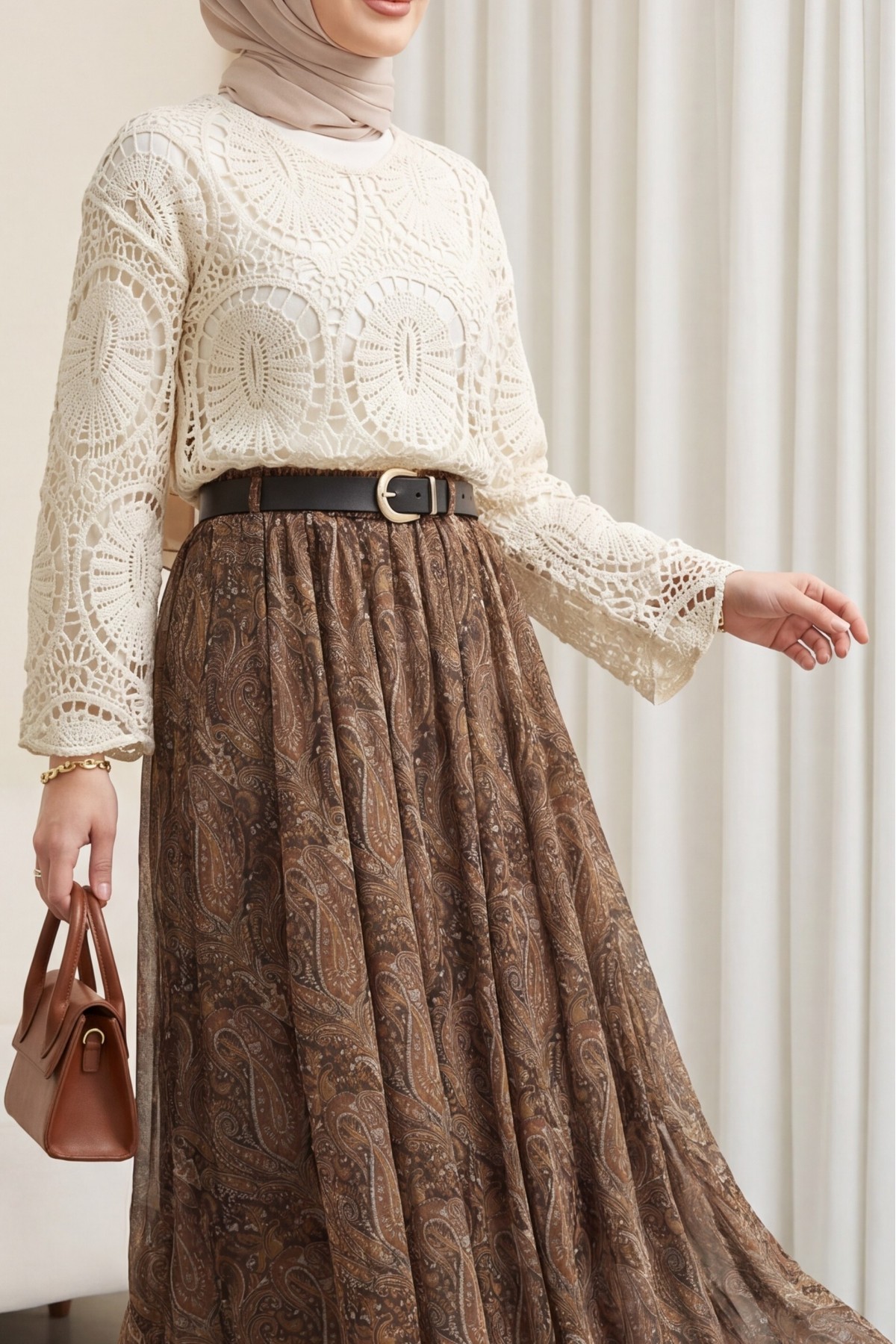 Beli Lastikli Kemerli Astarlı Desenli Tül Etek  -Taba