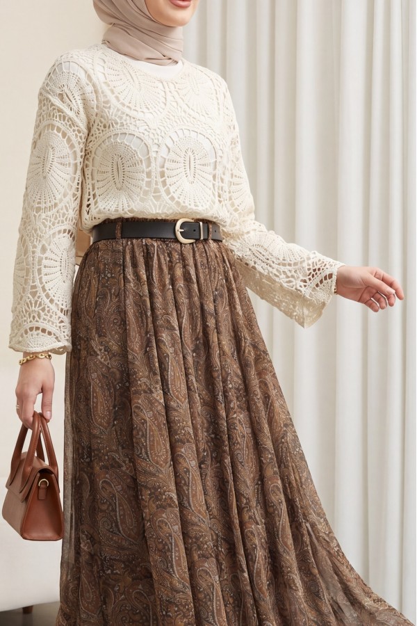 تنورة من التول منقوشة مبطنة بحزام وخصر مطاطي  -بني كاشف