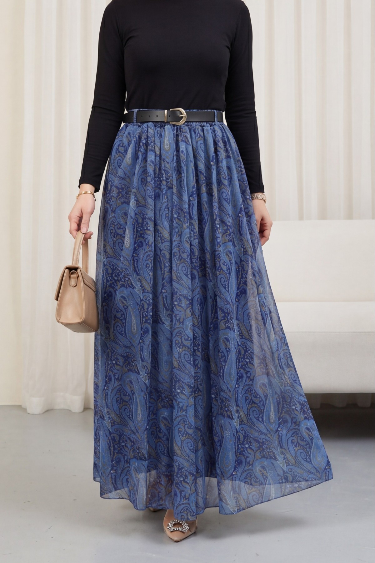 تنورة من التول منقوشة مبطنة بحزام وخصر مطاطي  -اللون النيلي