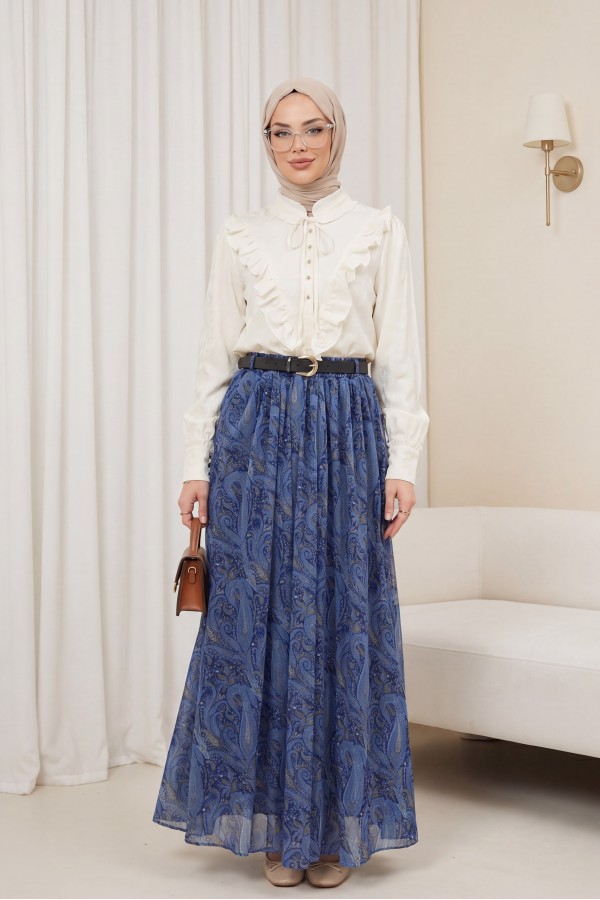 تنورة من التول منقوشة مبطنة بحزام وخصر مطاطي  -اللون النيلي