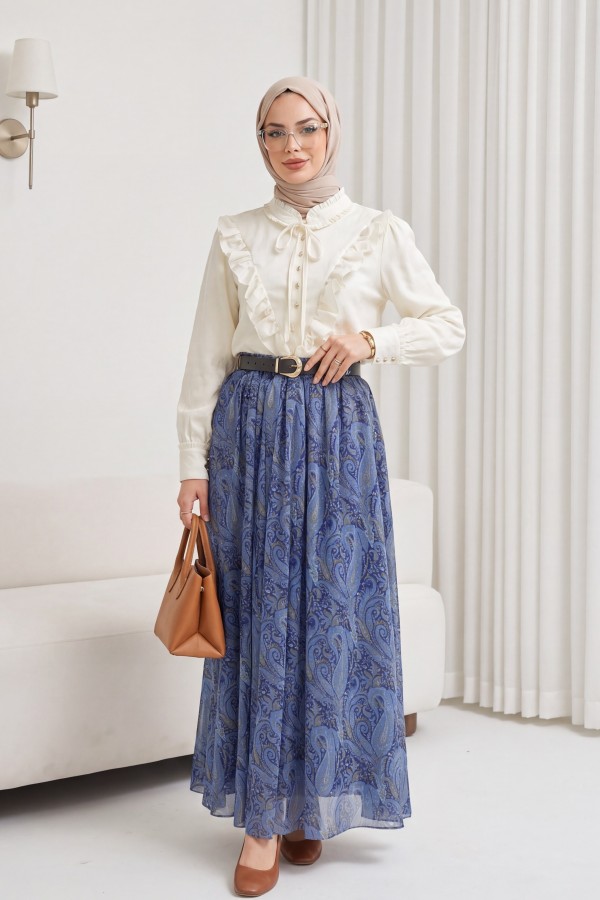 تنورة من التول منقوشة مبطنة بحزام وخصر مطاطي  -اللون النيلي