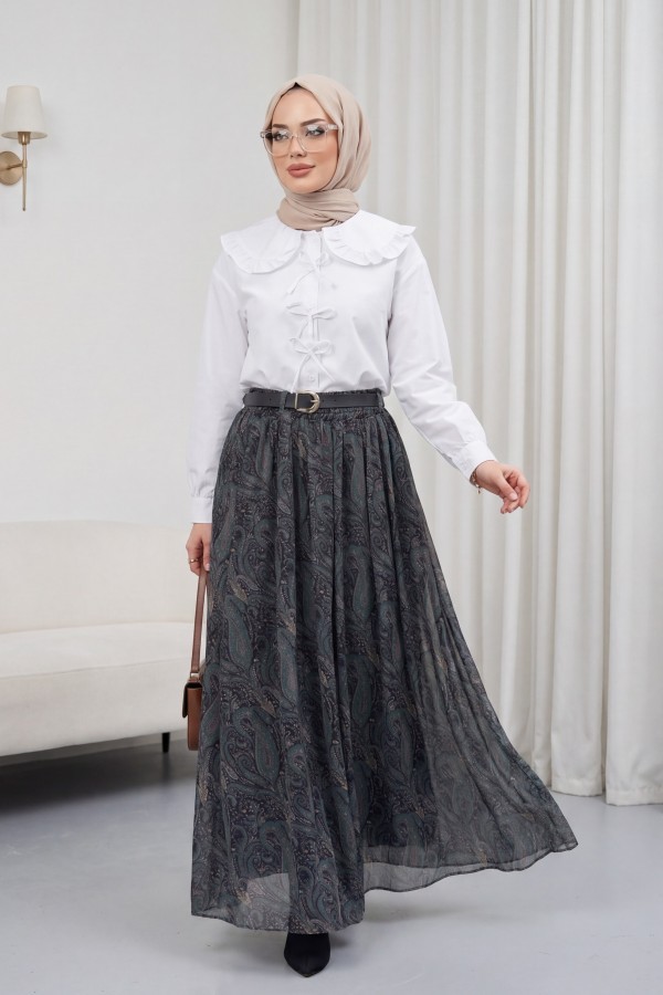 تنورة من التول منقوشة مبطنة بحزام وخصر مطاطي  -بترولي