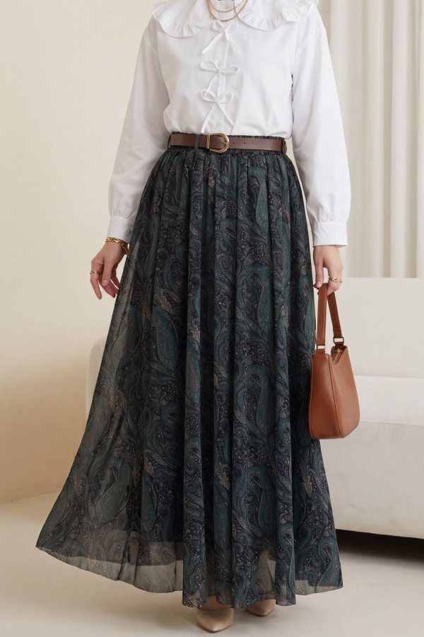 تنورة من التول منقوشة مبطنة بحزام وخصر مطاطي  -بترولي