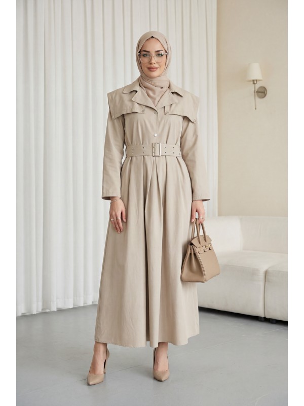 Yarım Düğmeli Yakalı Yan Cepli Kemerli Pamuk Saten Elbise  -Taş