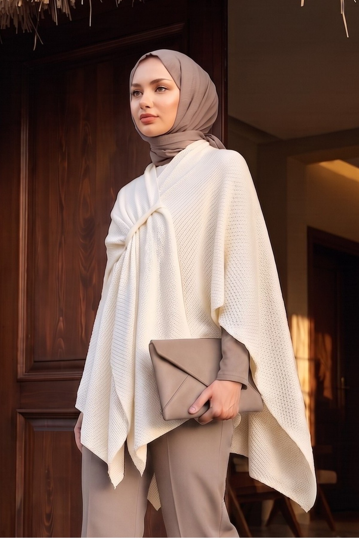 Loose Fit Everyday Knitted Poncho -White