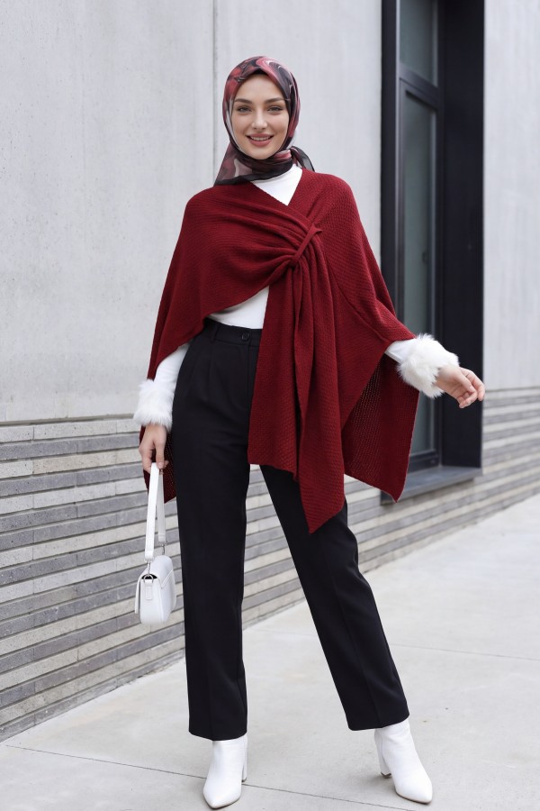Loose Fit Everyday Knitted Poncho -Maroon