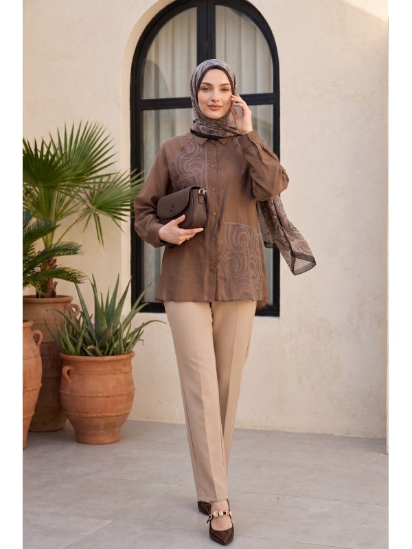 Asymmetrical Embroidered Buttoned Tulle Voile Tunic -Brown