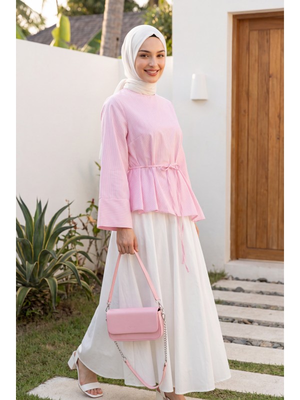 Asimetrik Kesim Beli Bağcıklı Çizgili Policoton Bluz -Pembe