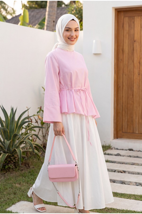 Asymmetrical Cut, Drawstring Waist, Striped Polycotton Blouse -Pink