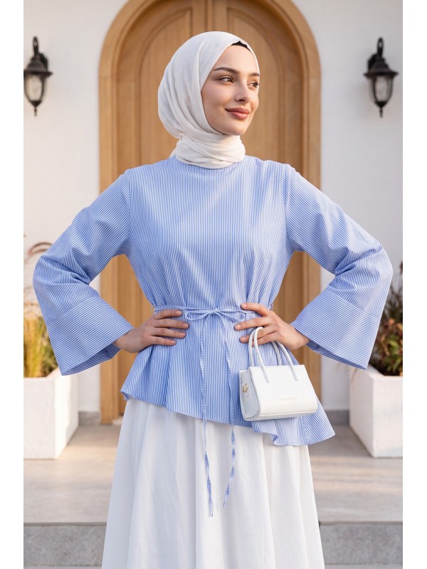 Asymmetrical Cut, Drawstring Waist, Striped Polycotton Blouse -Blue