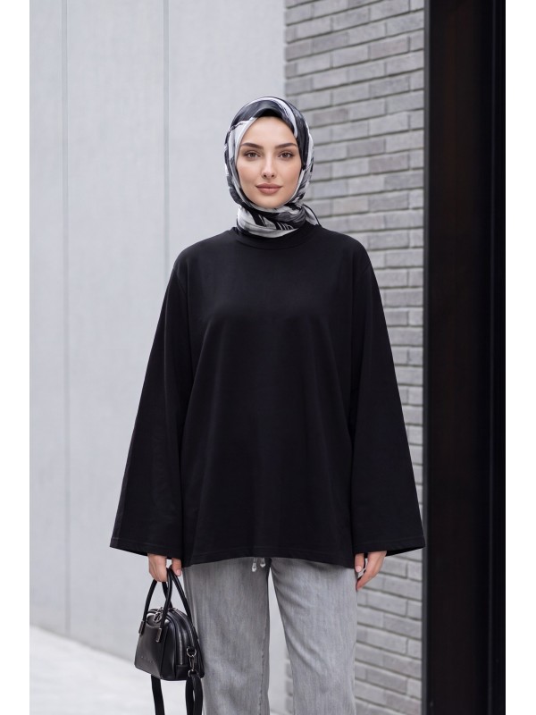Crew Neck, Spanish Sleeve, Padded Shoulder Undershirt Blouse -Black