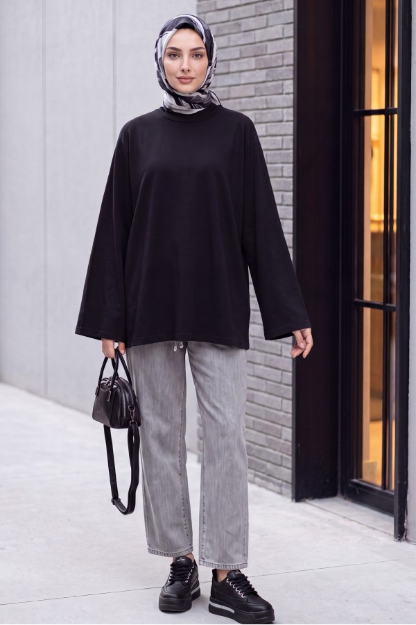 Crew Neck, Spanish Sleeve, Padded Shoulder Undershirt Blouse -Black