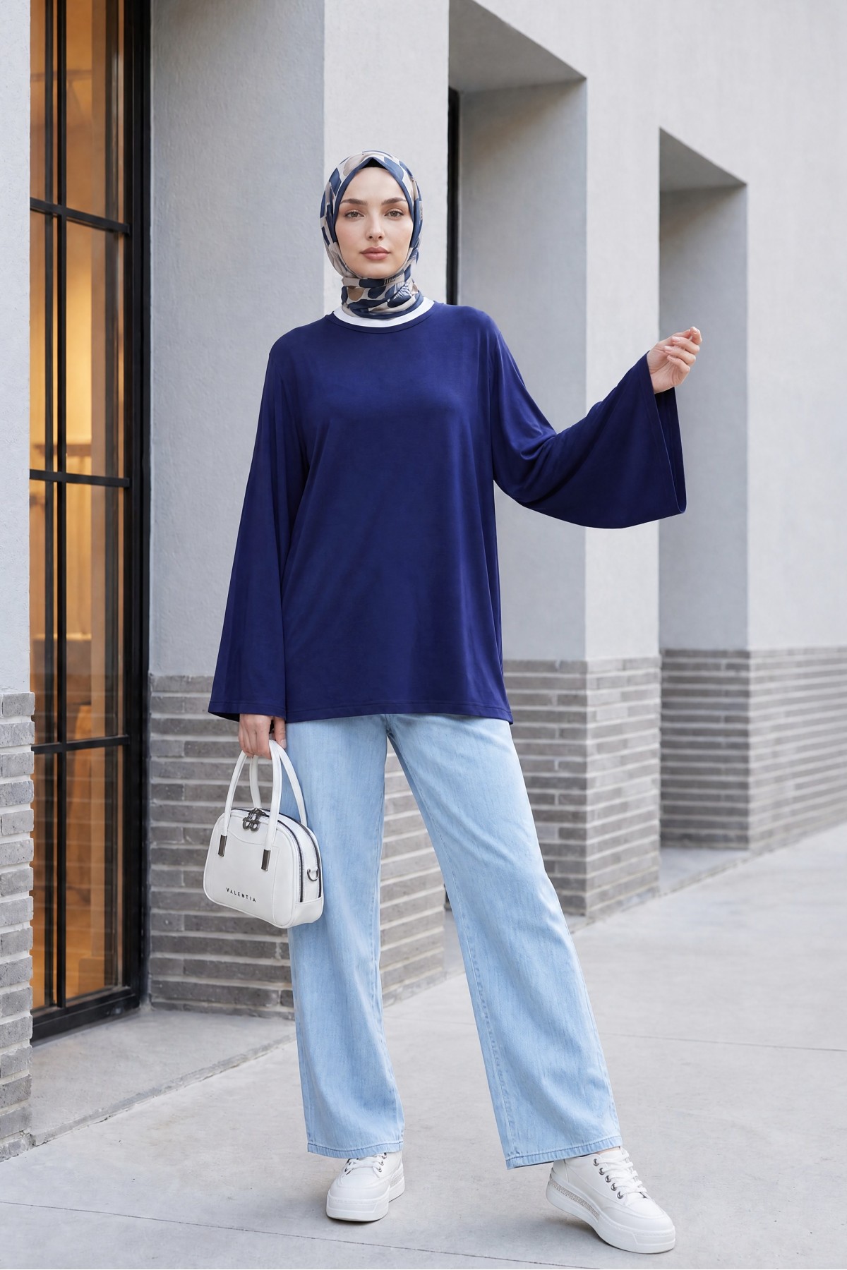 Crew Neck, Spanish Sleeve, Padded Shoulder Undershirt Blouse -Navy blue