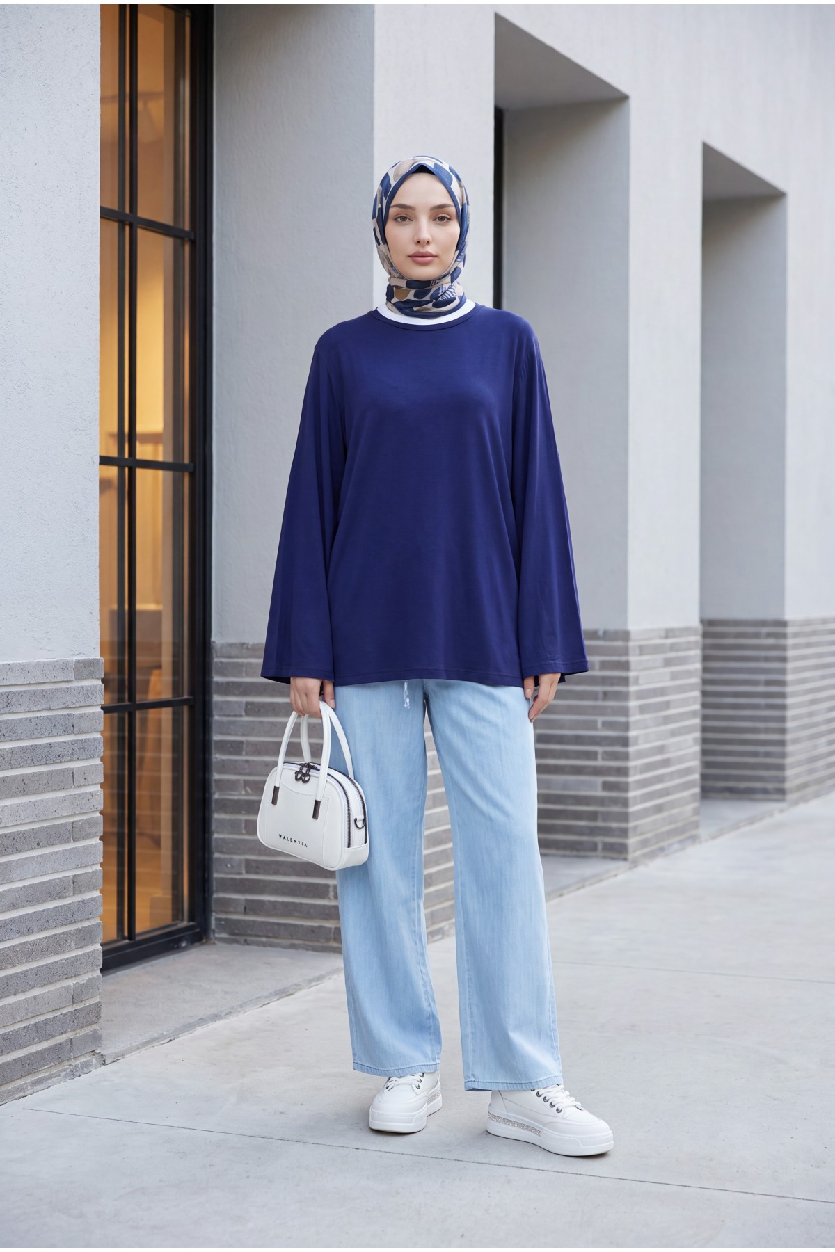 Crew Neck, Spanish Sleeve, Padded Shoulder Undershirt Blouse -Navy blue