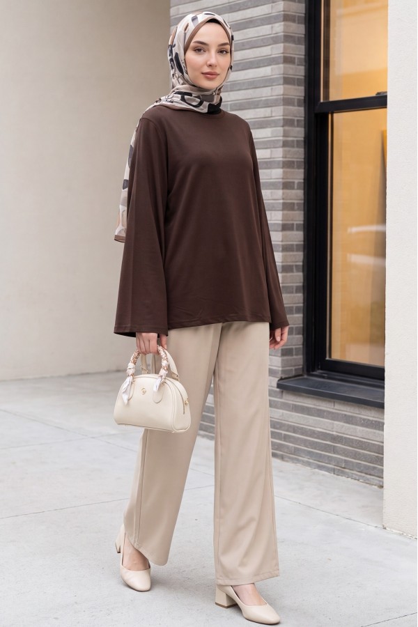 Crew Neck, Spanish Sleeve, Padded Shoulder Undershirt Blouse -Dark Coffee