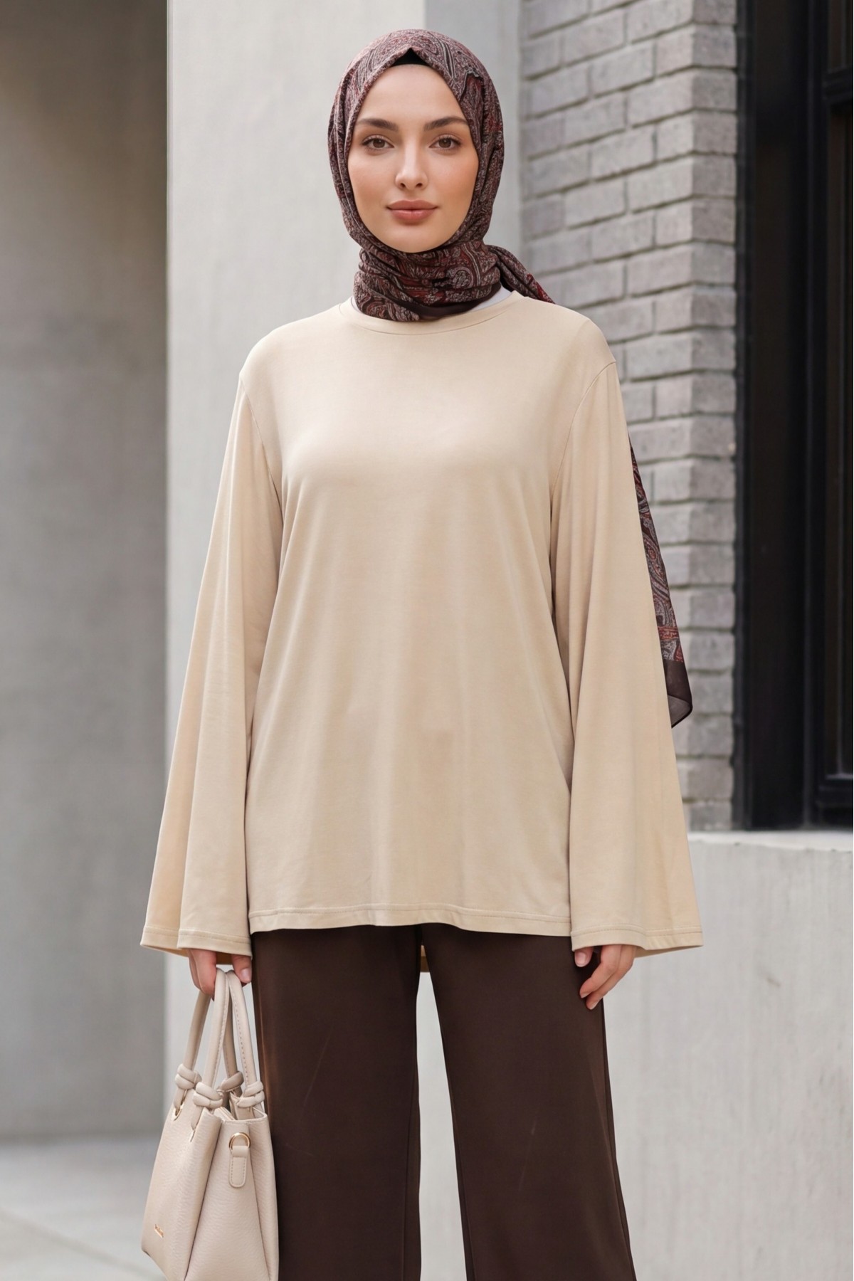 Crew Neck, Spanish Sleeve, Padded Shoulder Undershirt Blouse - Beige