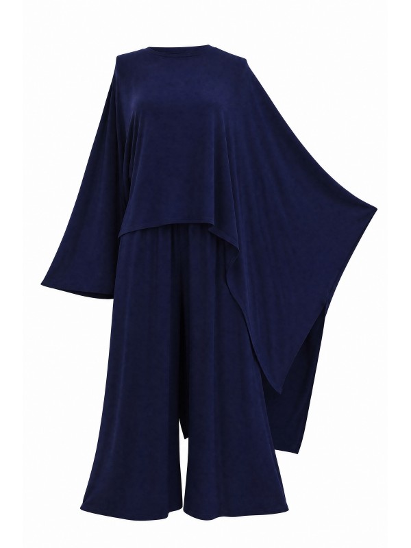 Asymmetrical Cut Trousers and Pocketed Loose Viscose Poncho Set -Navy blue