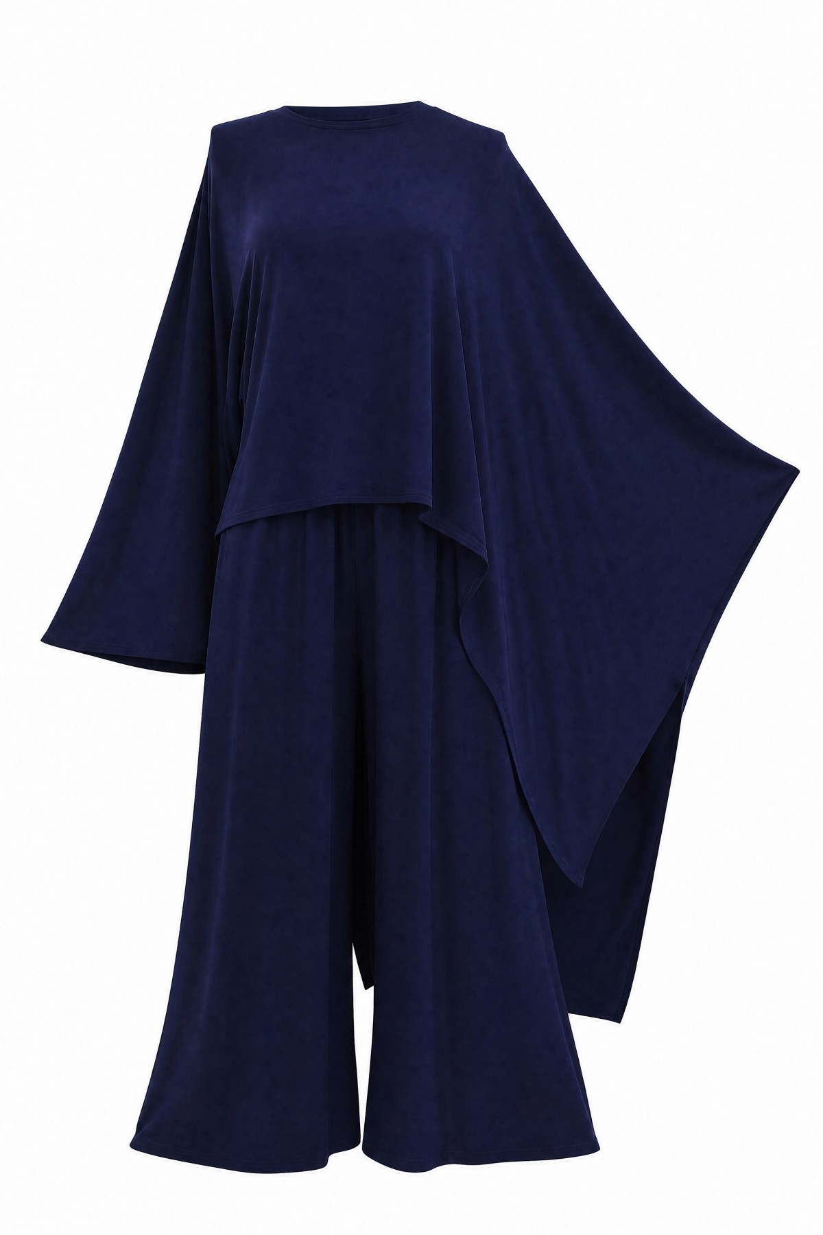 Asymmetrical Cut Trousers and Pocketed Loose Viscose Poncho Set -Navy blue