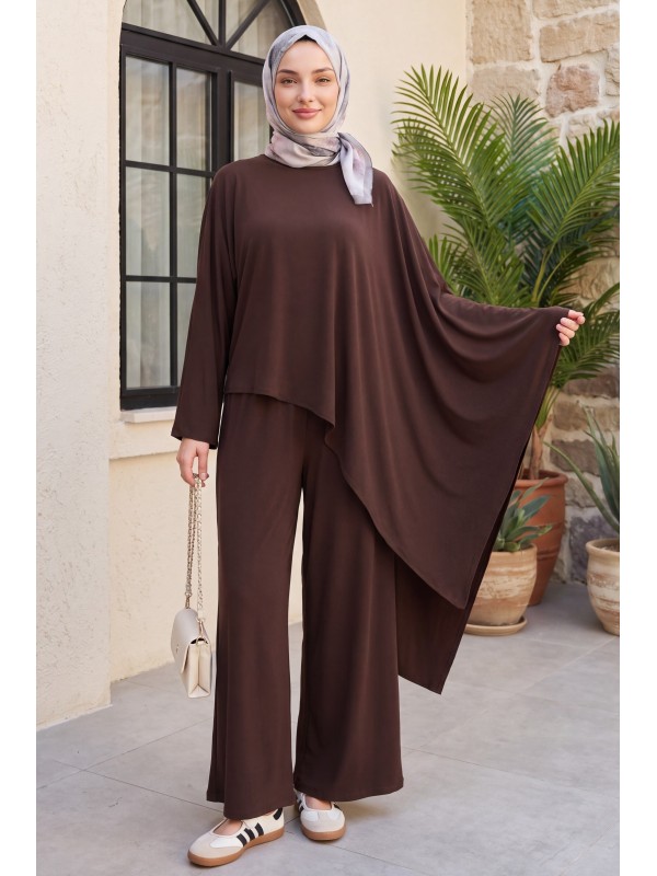 Asymmetrical Cut Trousers and Pocketed Loose Viscose Poncho Set -Dark Coffee