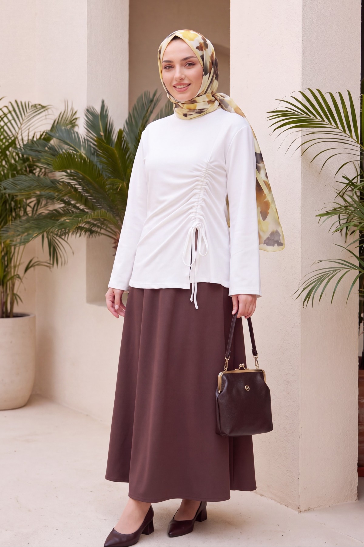 Asymmetrical Front Cut Cotton Sweatshirt with Drawstring Detail -White