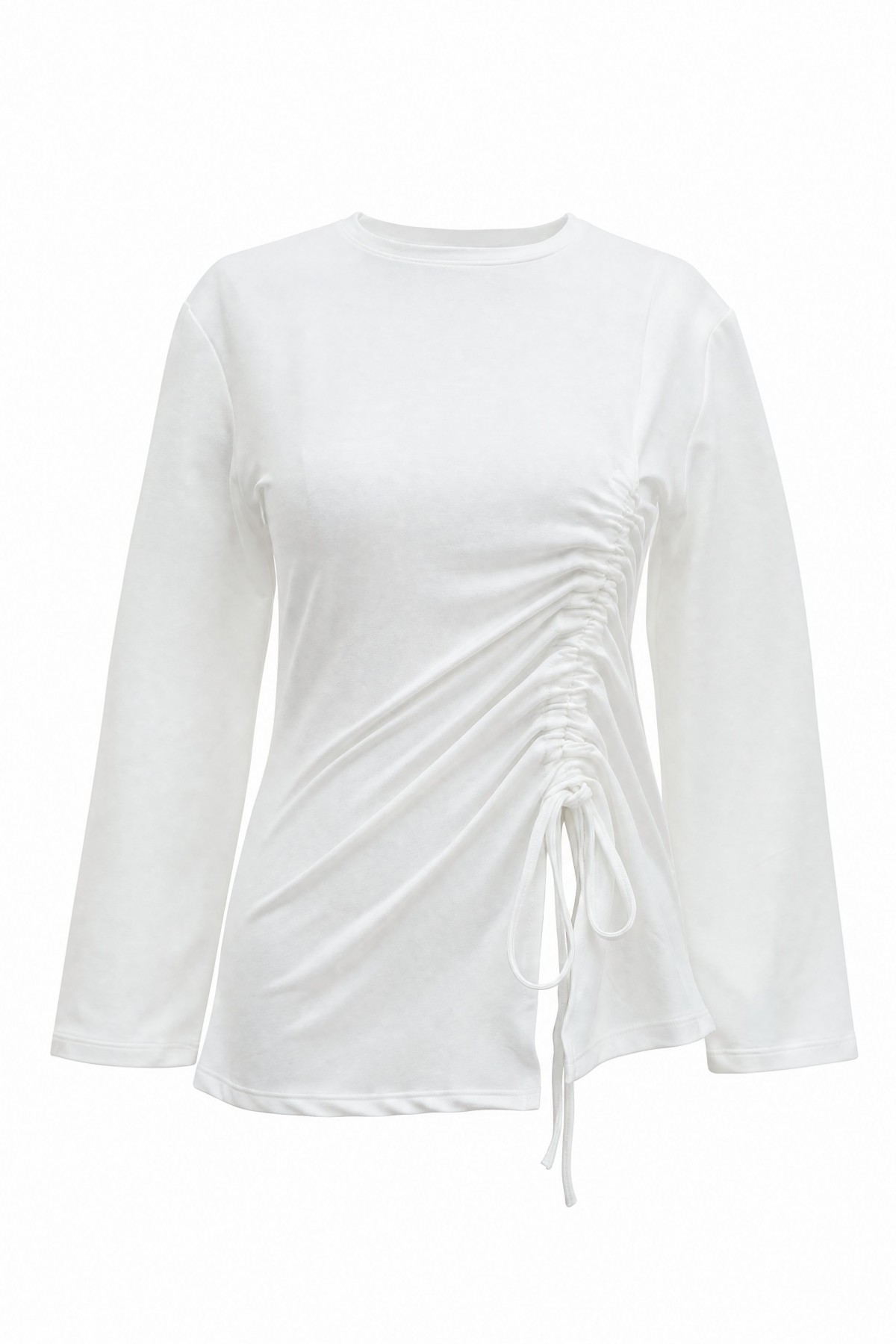 Asymmetrical Front Cut Cotton Sweatshirt with Drawstring Detail -White